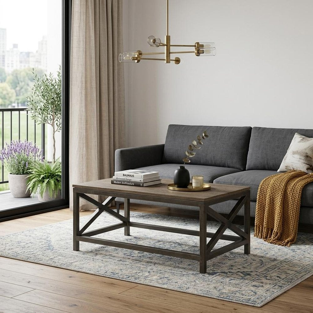 43" Natural and Black Solid Wood and Iron Coffee Table HomeRoots