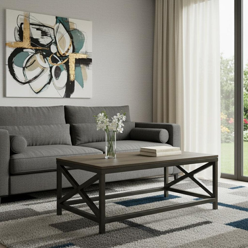 43" Natural and Black Solid Wood and Iron Coffee Table HomeRoots