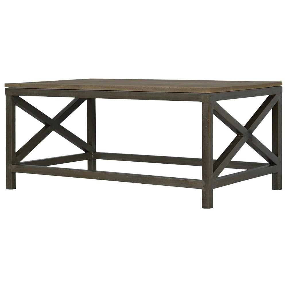 43" Natural and Black Solid Wood and Iron Coffee Table HomeRoots