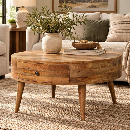 32" Oak Solid Wood Round Coffee Table With Drawer
