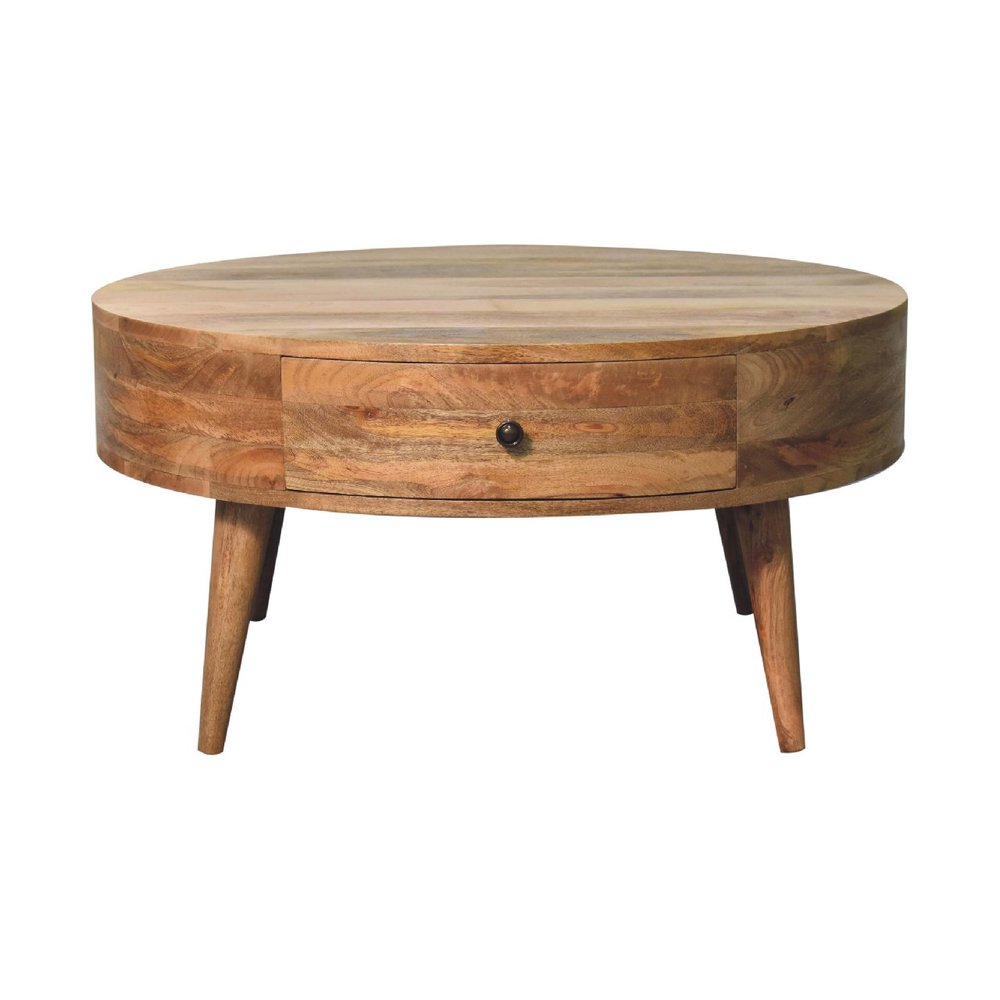 32" Oak Solid Wood Round Coffee Table With Drawer HomeRoots