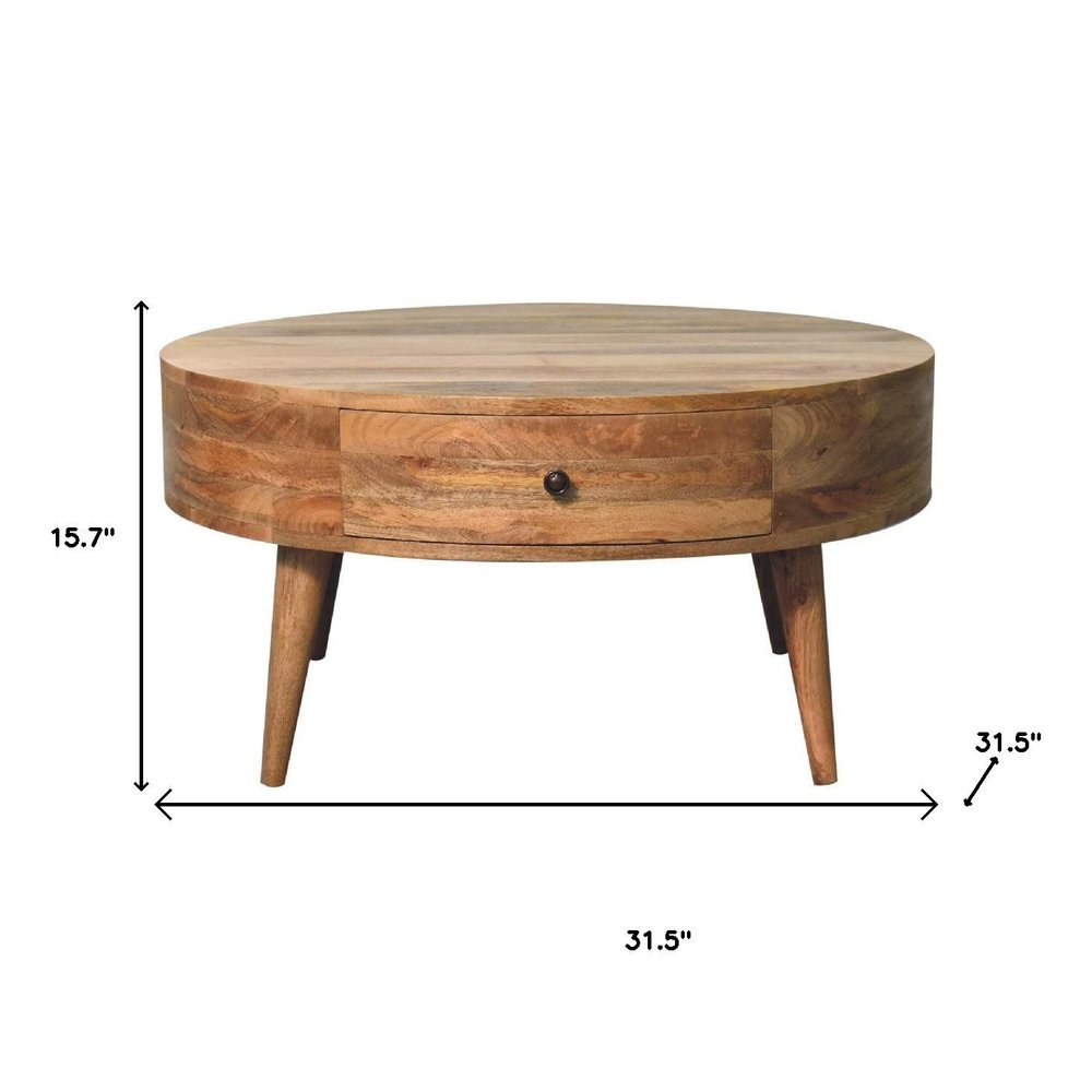 32" Oak Solid Wood Round Coffee Table With Drawer — view 9
