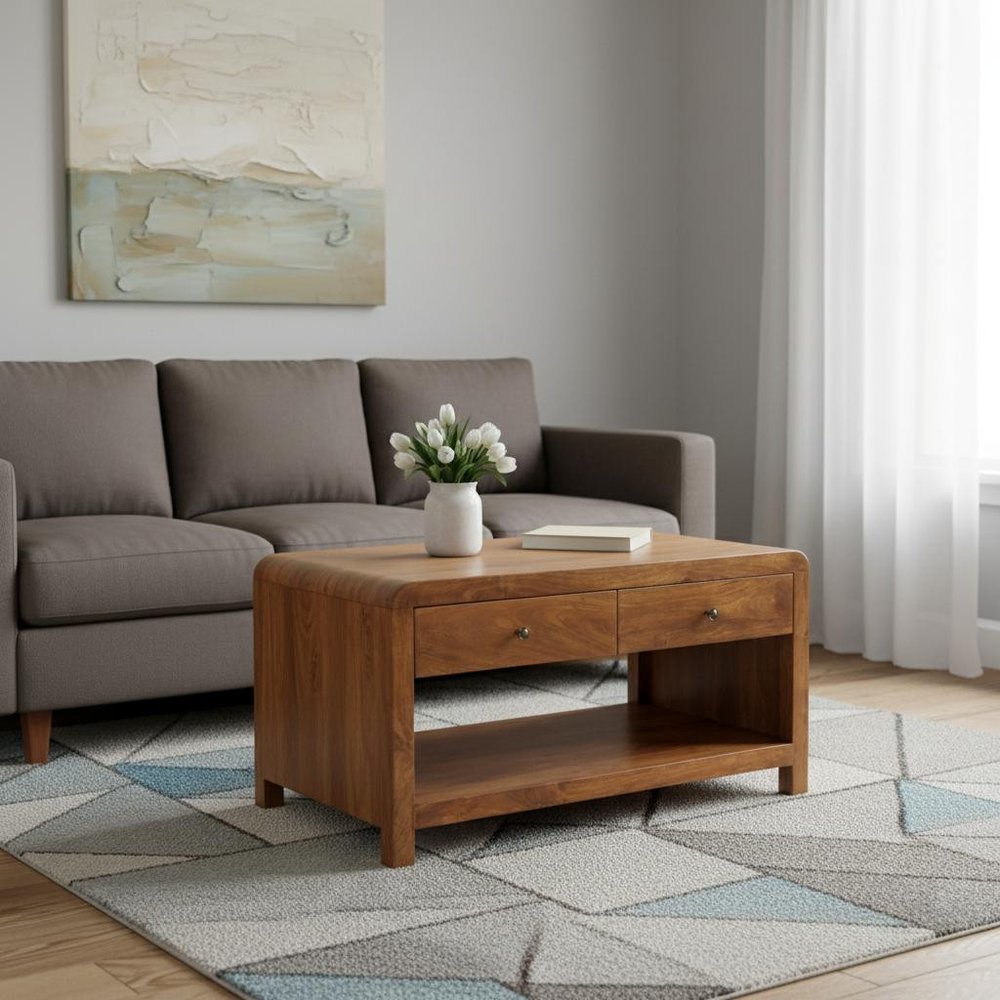 34" Chestnut Solid Wood Floor Shelf Coffee Table With Two Drawers And Shelf HomeRoots