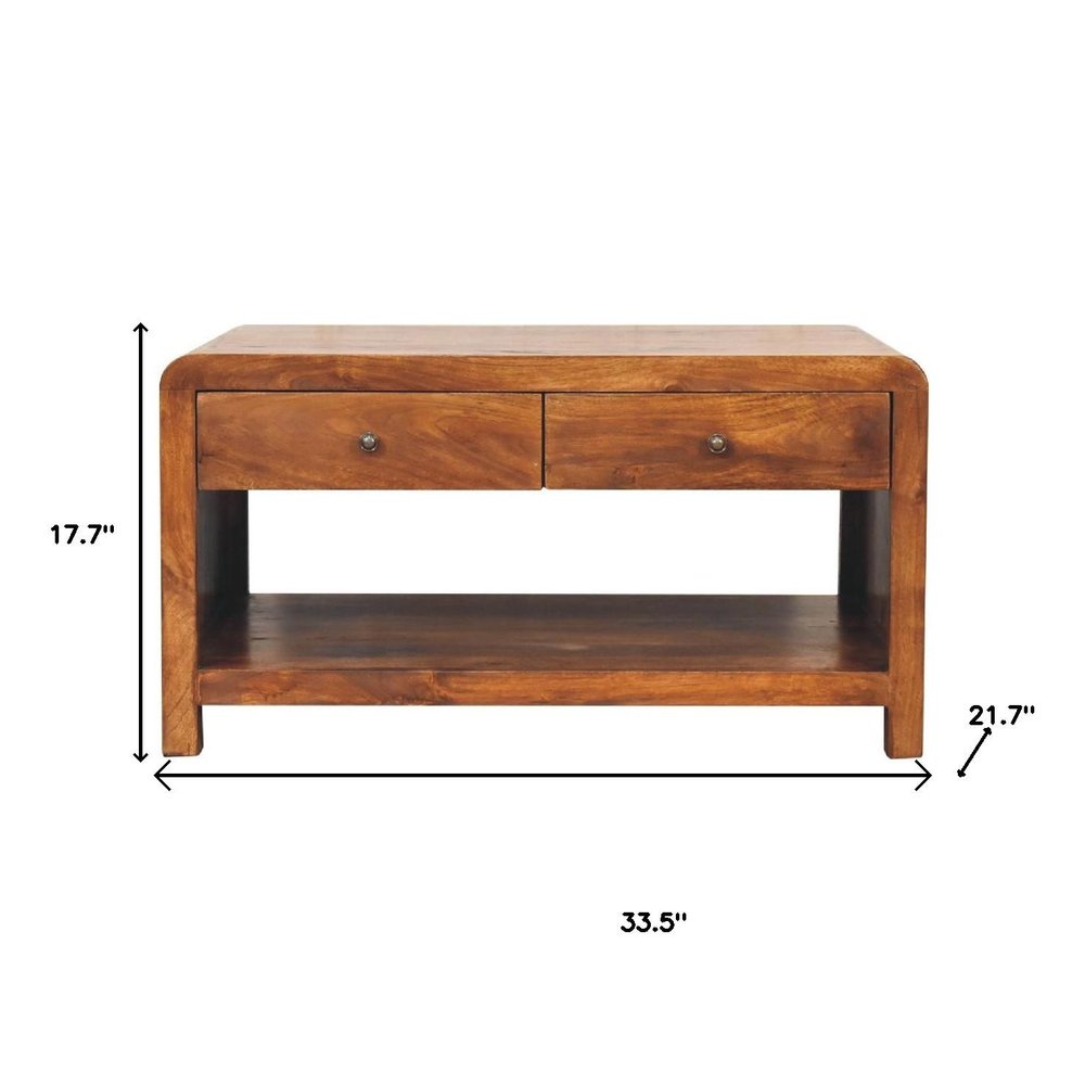 34" Chestnut Solid Wood Floor Shelf Coffee Table With Two Drawers And Shelf HomeRoots