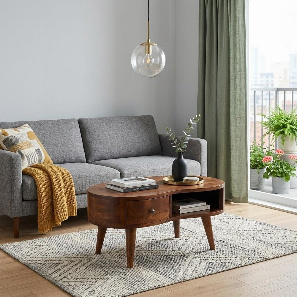 28" Chestnut Solid Wood Free Form Coffee Table With Drawer