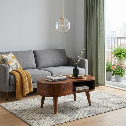 28" Chestnut Solid Wood Free Form Coffee Table With Drawer
