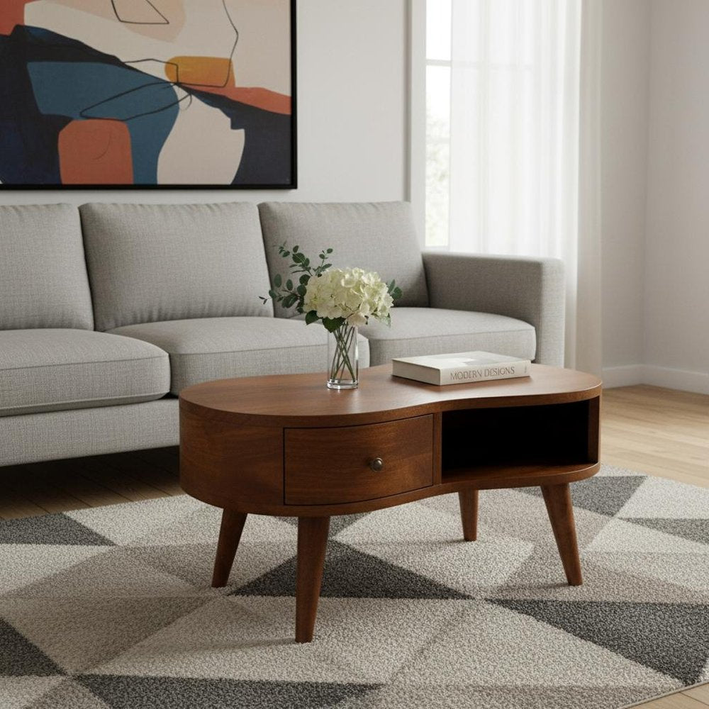 28" Chestnut Solid Wood Free Form Coffee Table With Drawer And Shelf HomeRoots