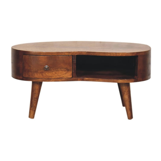 28" Chestnut Solid Wood Free Form Coffee Table With Drawer