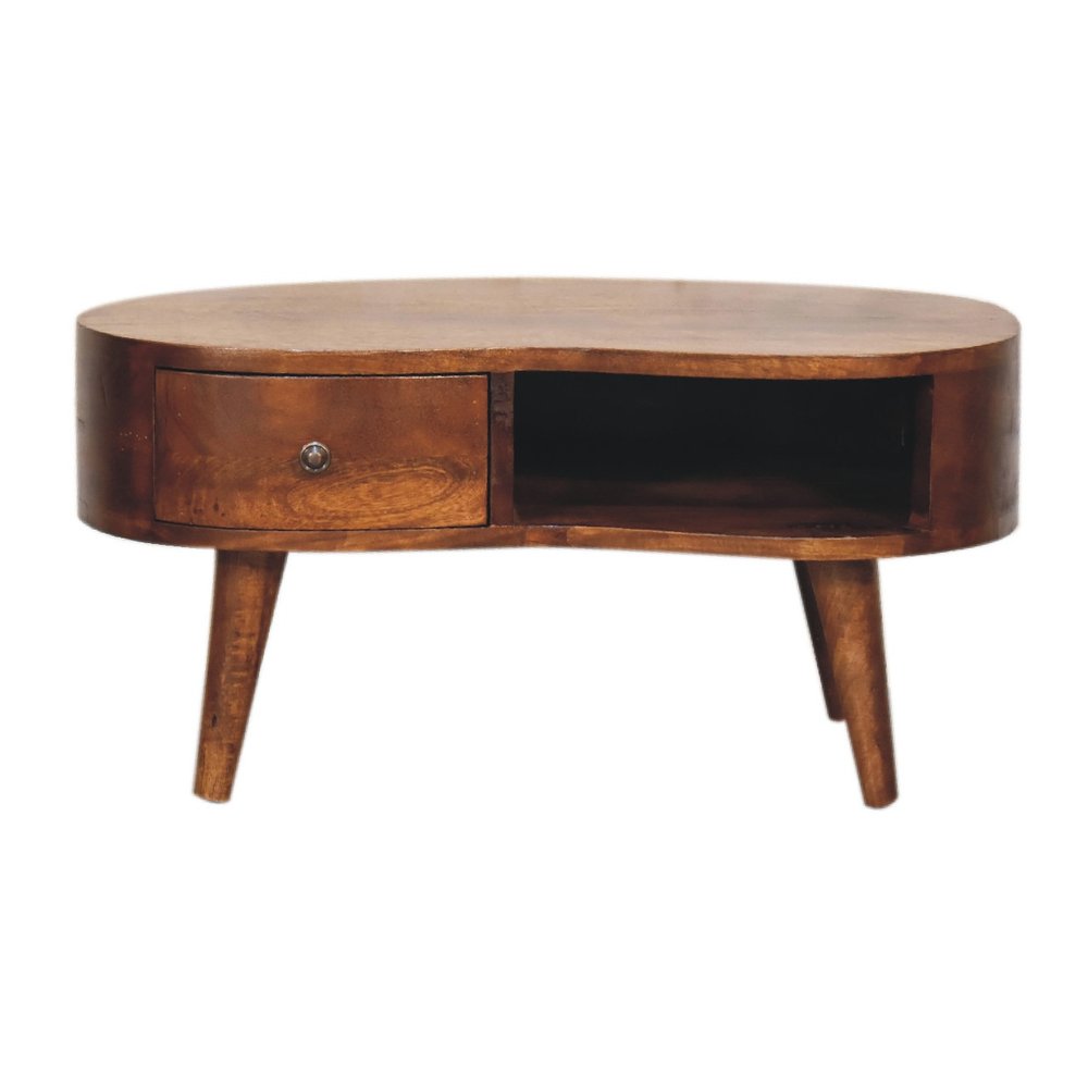 28" Chestnut Solid Wood Free Form Coffee Table With Drawer