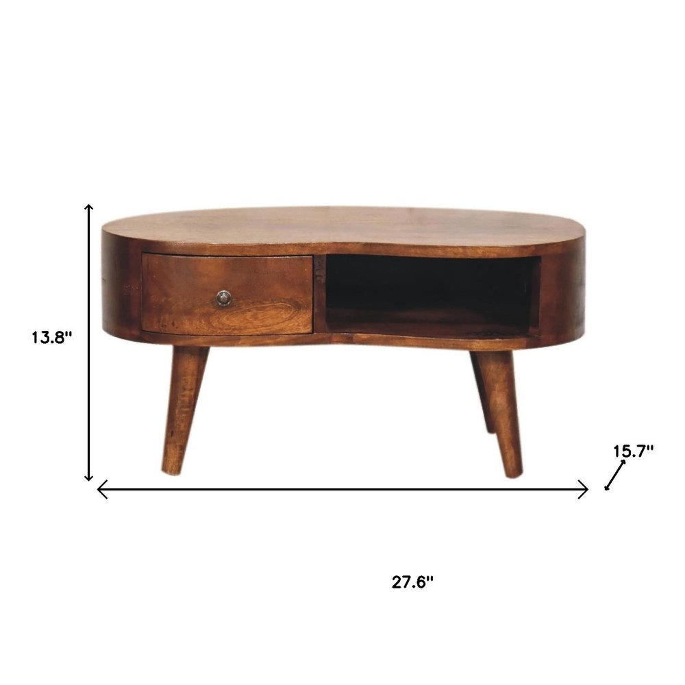 28" Chestnut Solid Wood Free Form Coffee Table With Drawer And Shelf HomeRoots