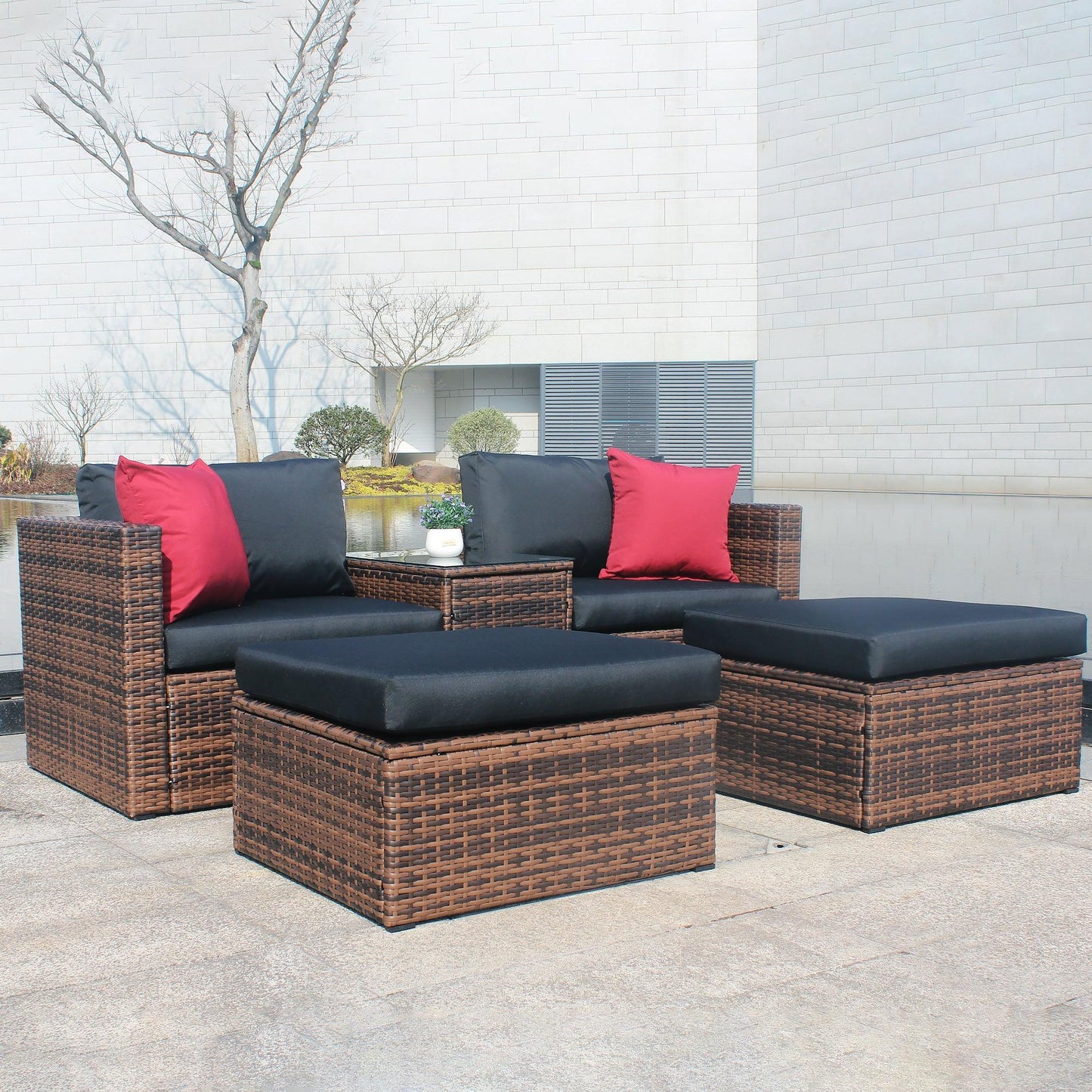 5 Pieces Outdoor Patio Garden Brown Wicker Sectional Conversation Sofa Set - FurniFindUSA