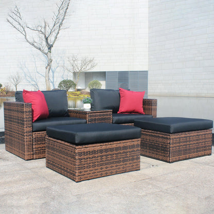 5 Pieces Outdoor Patio Garden Brown Wicker Sectional Conversation Sofa Set - FurniFindUSA