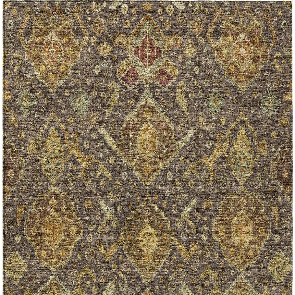5' X 8' Chocolate Gold And Burgundy Ikat Washable Indoor Outdoor Area Rug — view 5