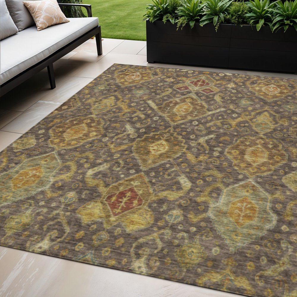 5' X 8' Chocolate Gold And Burgundy Ikat Washable Indoor Outdoor Area Rug — view 7