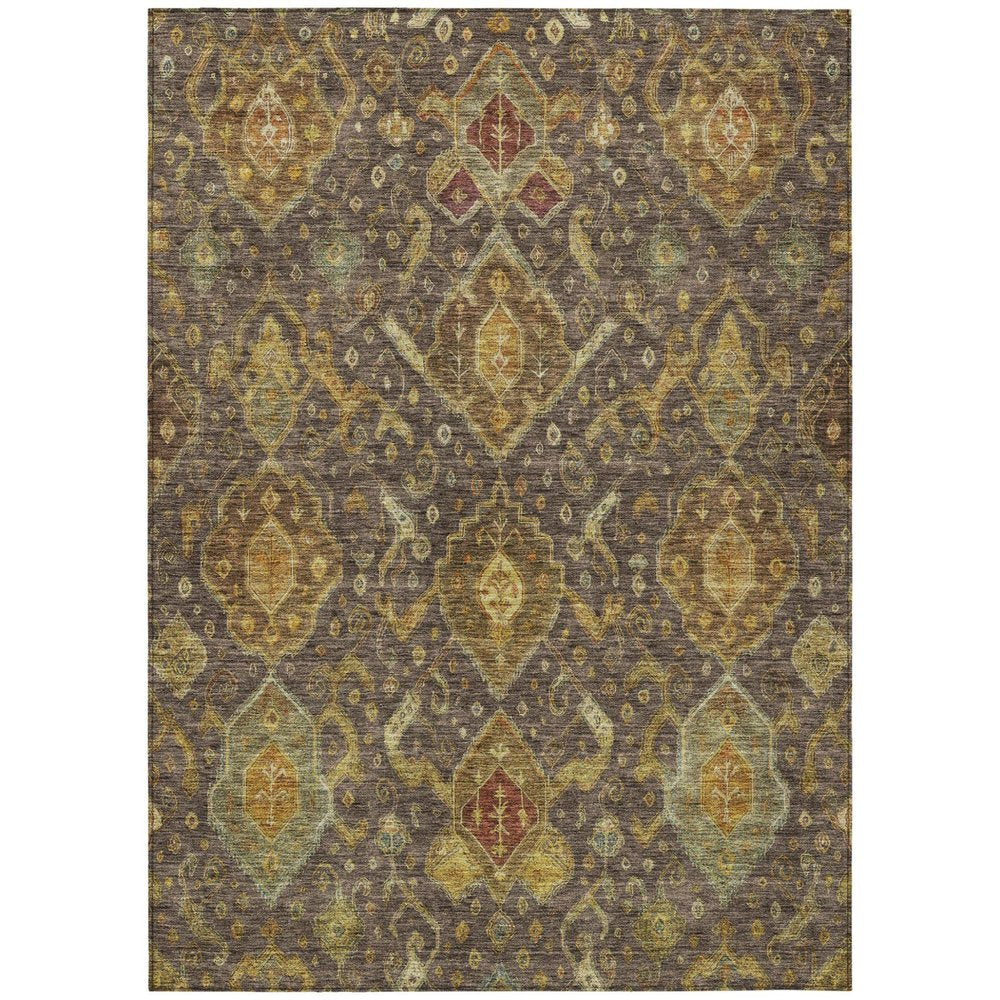5' X 8' Chocolate Gold And Burgundy Ikat Washable Indoor Outdoor Area Rug — view 1