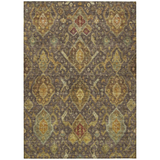 5' X 8' Chocolate Gold And Burgundy Ikat Washable Indoor Outdoor Area Rug