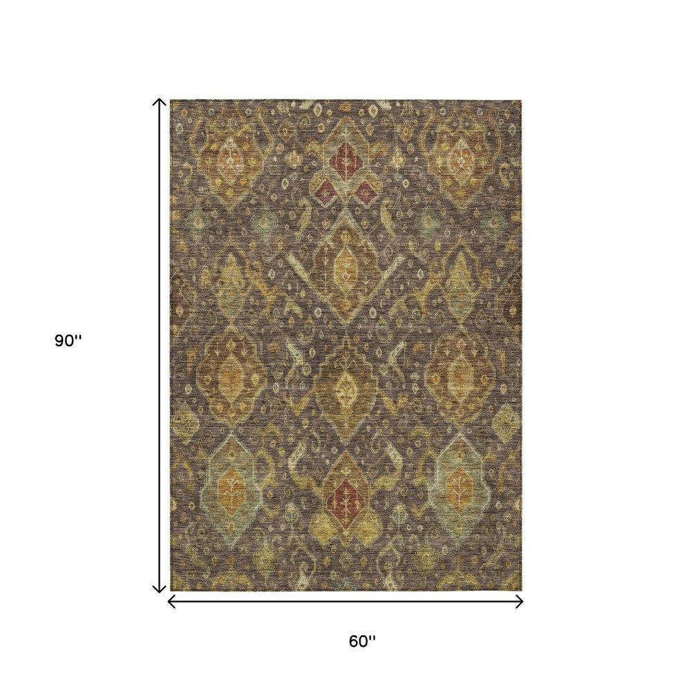 5' X 8' Chocolate Gold And Burgundy Ikat Washable Indoor Outdoor Area Rug HomeRoots