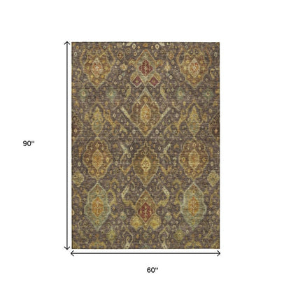 5' X 8' Chocolate Gold And Burgundy Ikat Washable Indoor Outdoor Area Rug HomeRoots