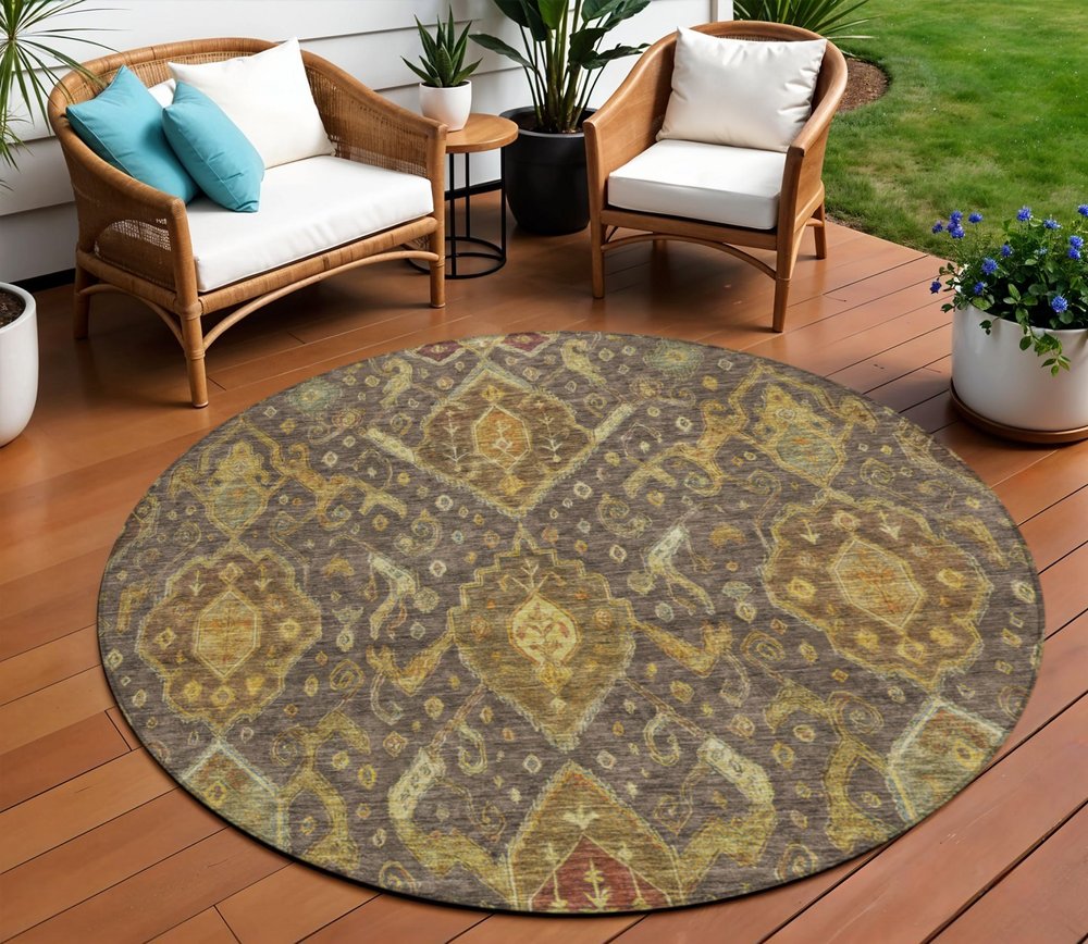 5' X 8' Chocolate Gold And Burgundy Ikat Washable Indoor Outdoor Area Rug HomeRoots