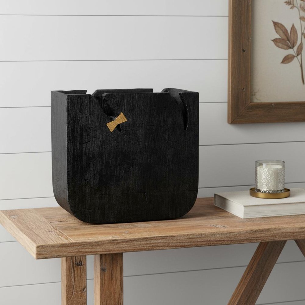 Black Wood Square Pot Planter HomeRoots