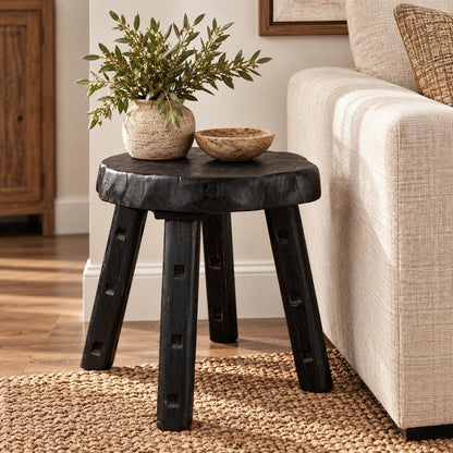 19" Matte Ebony Distressed Reclaimed Wood Round End Table