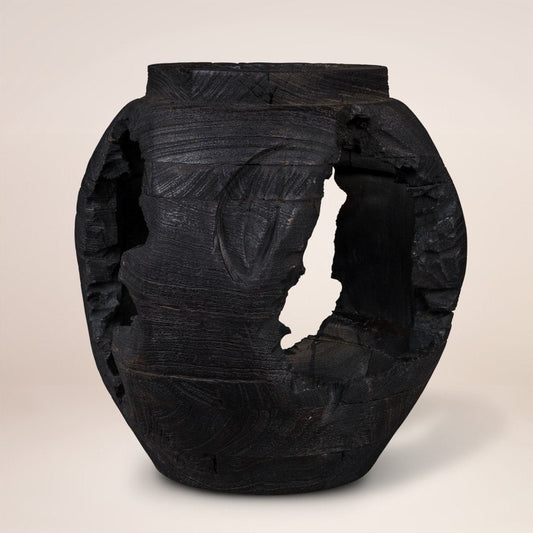 14" Black Solid Wood Table Vase With Sculptural Details HomeRoots