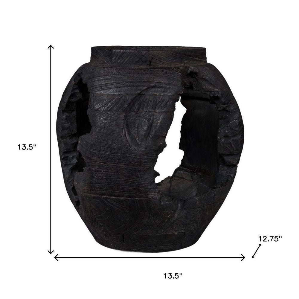 14" Black Solid Wood Table Vase With Sculptural Details HomeRoots