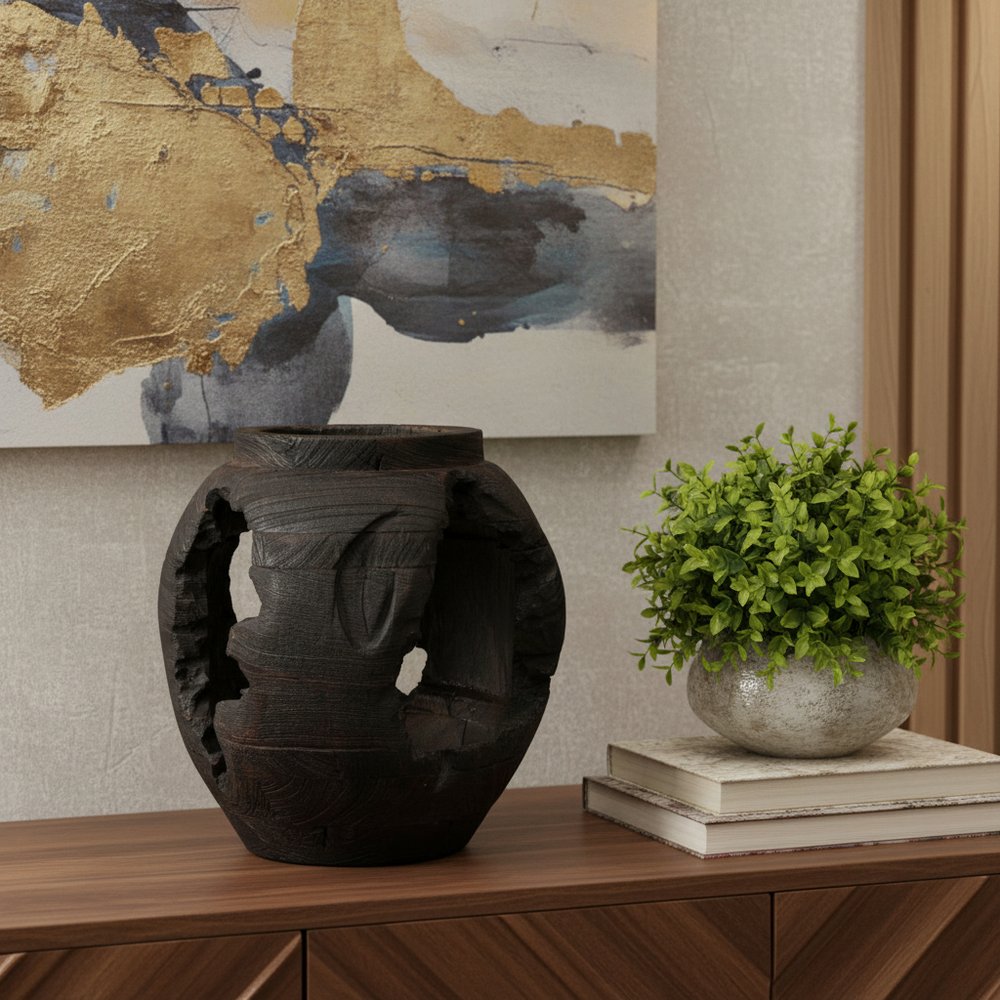 14" Black Solid Wood Table Vase With Sculptural Details HomeRoots
