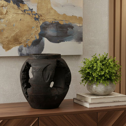 14" Black Solid Wood Table Vase With Sculptural Details HomeRoots