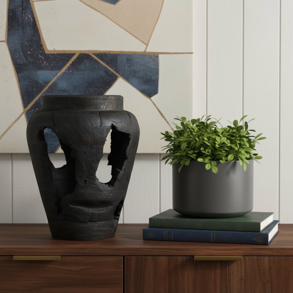 18" Black Solid Wood Modern Abstract Table Vase With Sculptural Details HomeRoots