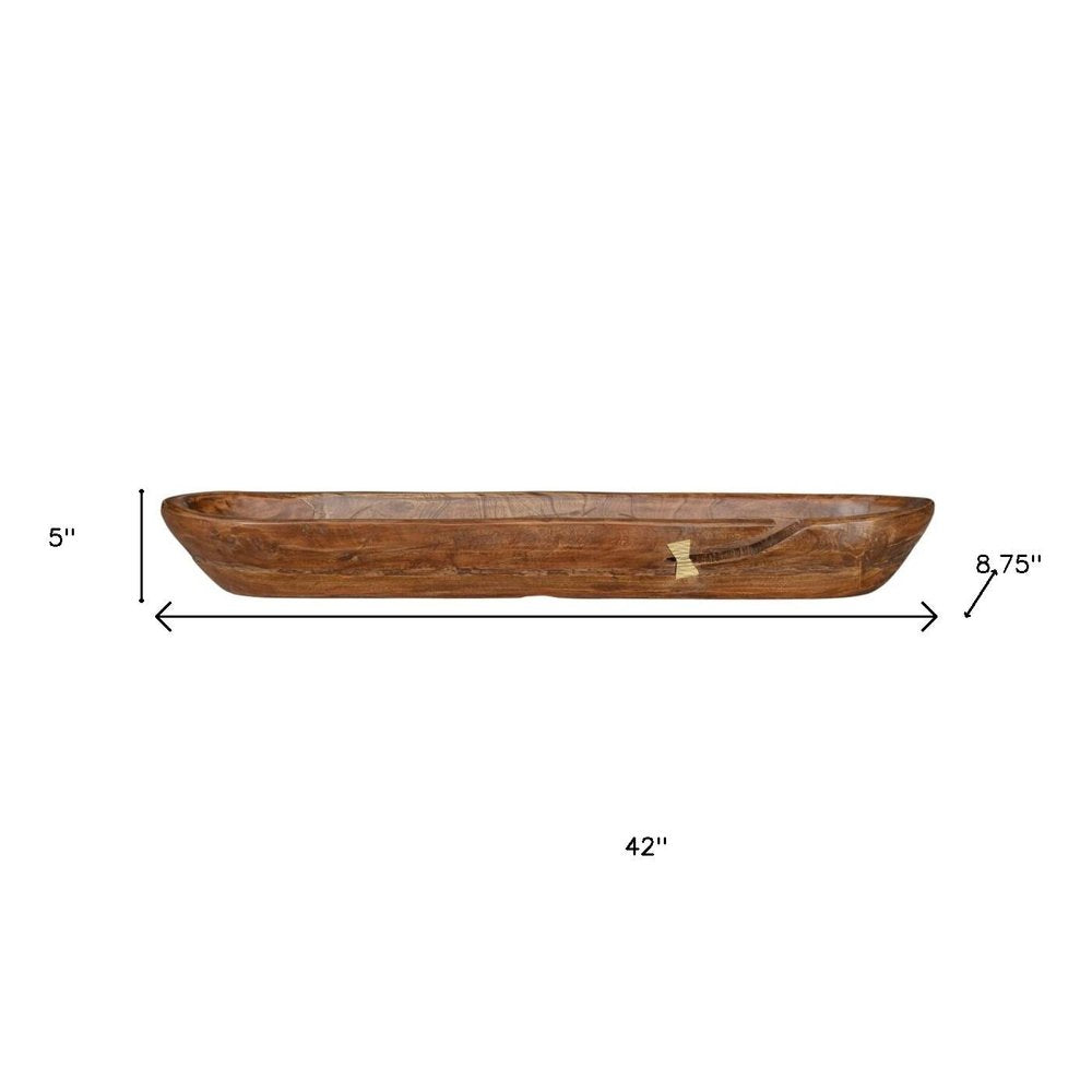 42" Brown And Gold Reclaimed Wood Asymmetrical Edge Oval Centerpiece Bowl HomeRoots
