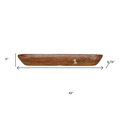 42" Brown And Gold Reclaimed Wood Asymmetrical Edge Oval Centerpiece Bowl HomeRoots