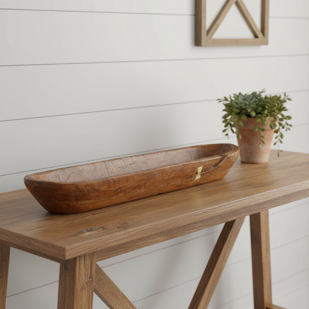42" Brown And Gold Reclaimed Wood Asymmetrical Edge Oval Centerpiece Bowl HomeRoots