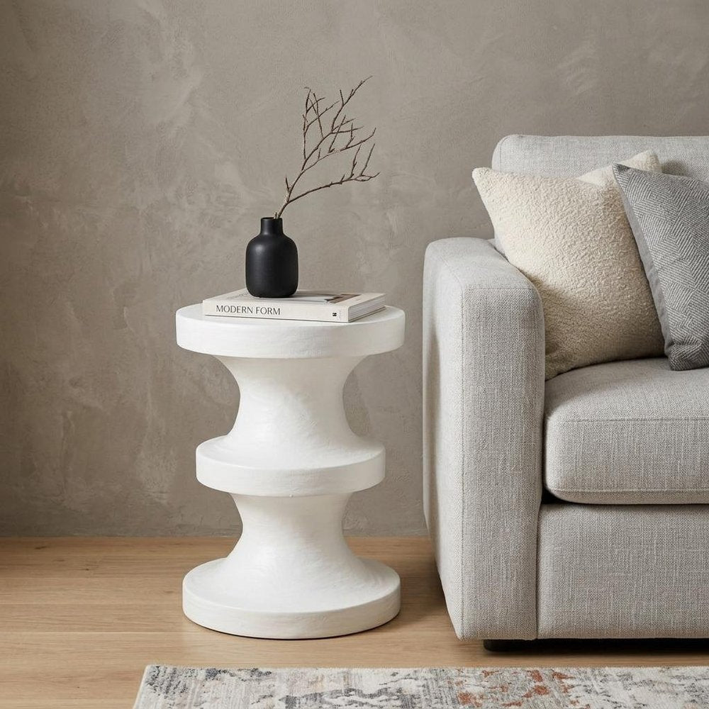22" Matte White Lime Plaster Round Pedestal End Table HomeRoots