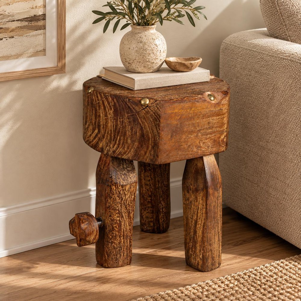 18" Brown Distressed Reclaimed Wood Round End Table