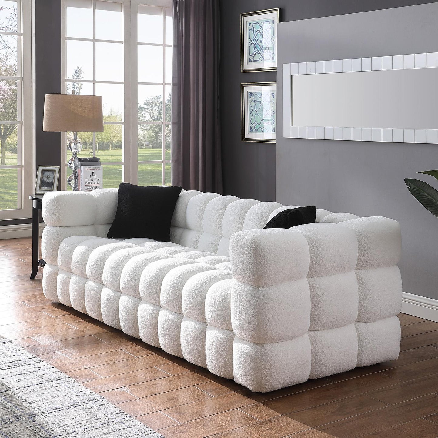 84.3 length ,35.83" deepth ,human body structure for USA people, marshmallow sofa,boucle sofa ,3 seater