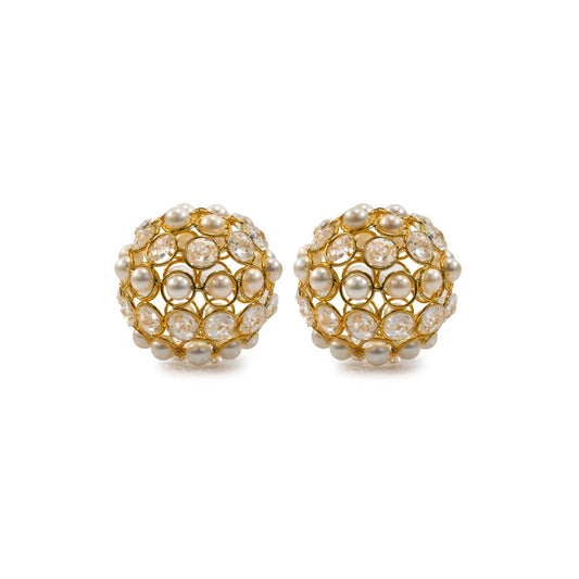 Set of Two 5" Gold Clear And Ivory Metal Faux Crystal And Pearl Decorative Orbs HomeRoots