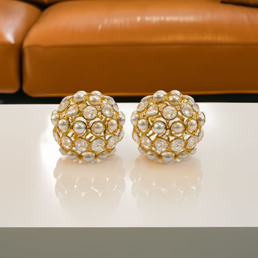 Set of Two 5" Gold Clear And Ivory Metal Faux Crystal And Pearl Decorative Orbs HomeRoots