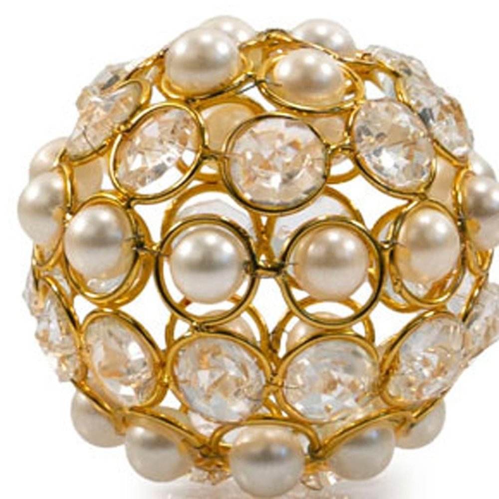 Set of Two Gold And Pearl Faux Crystal And Metal Decorative Orbs HomeRoots