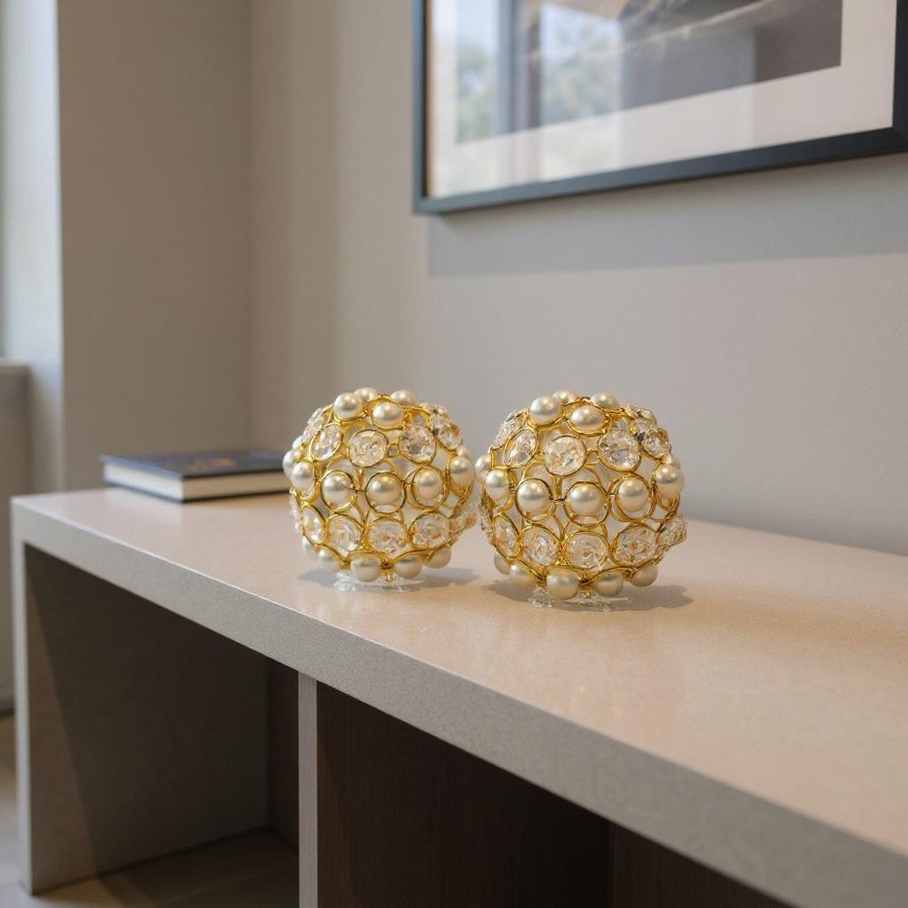 Set of Two Gold And Pearl Faux Crystal And Metal Decorative Orbs HomeRoots