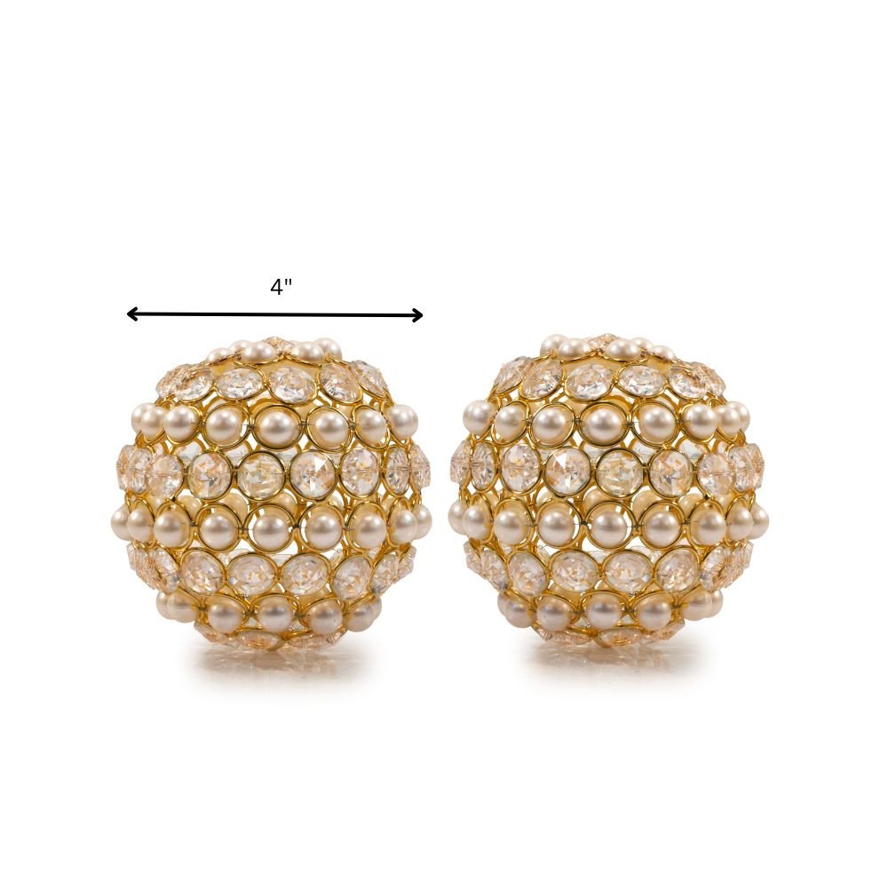 Set of Two Gold Ivory And Pearl Faux Crystal And Metal Decorative Orbs HomeRoots