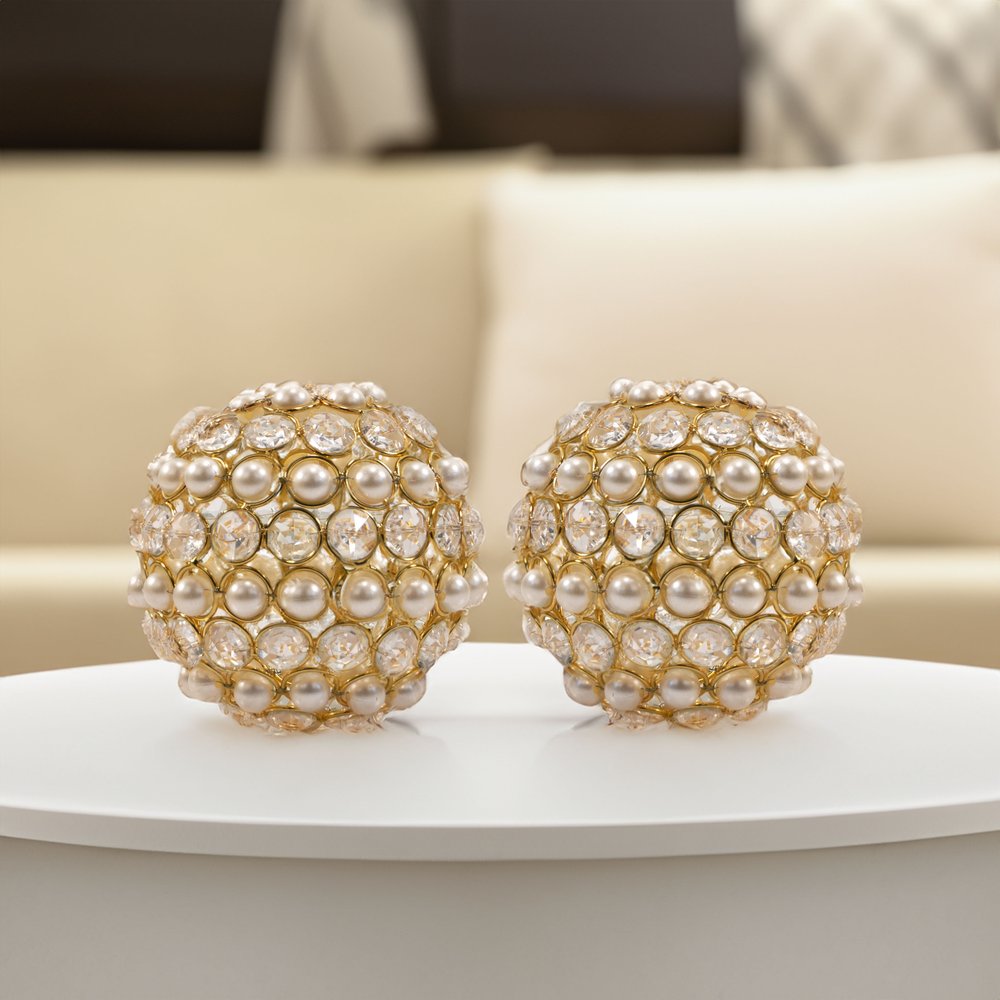 Set of Two Gold Ivory And Pearl Faux Crystal And Metal Decorative Orbs HomeRoots