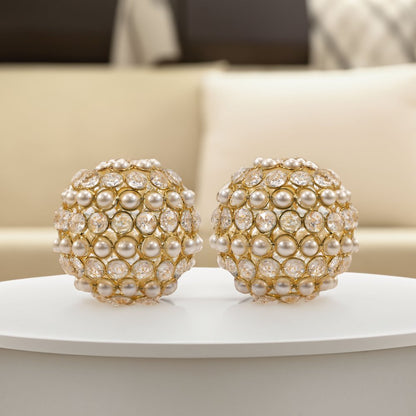 Set of Two Gold Ivory And Pearl Faux Crystal And Metal Decorative Orbs HomeRoots