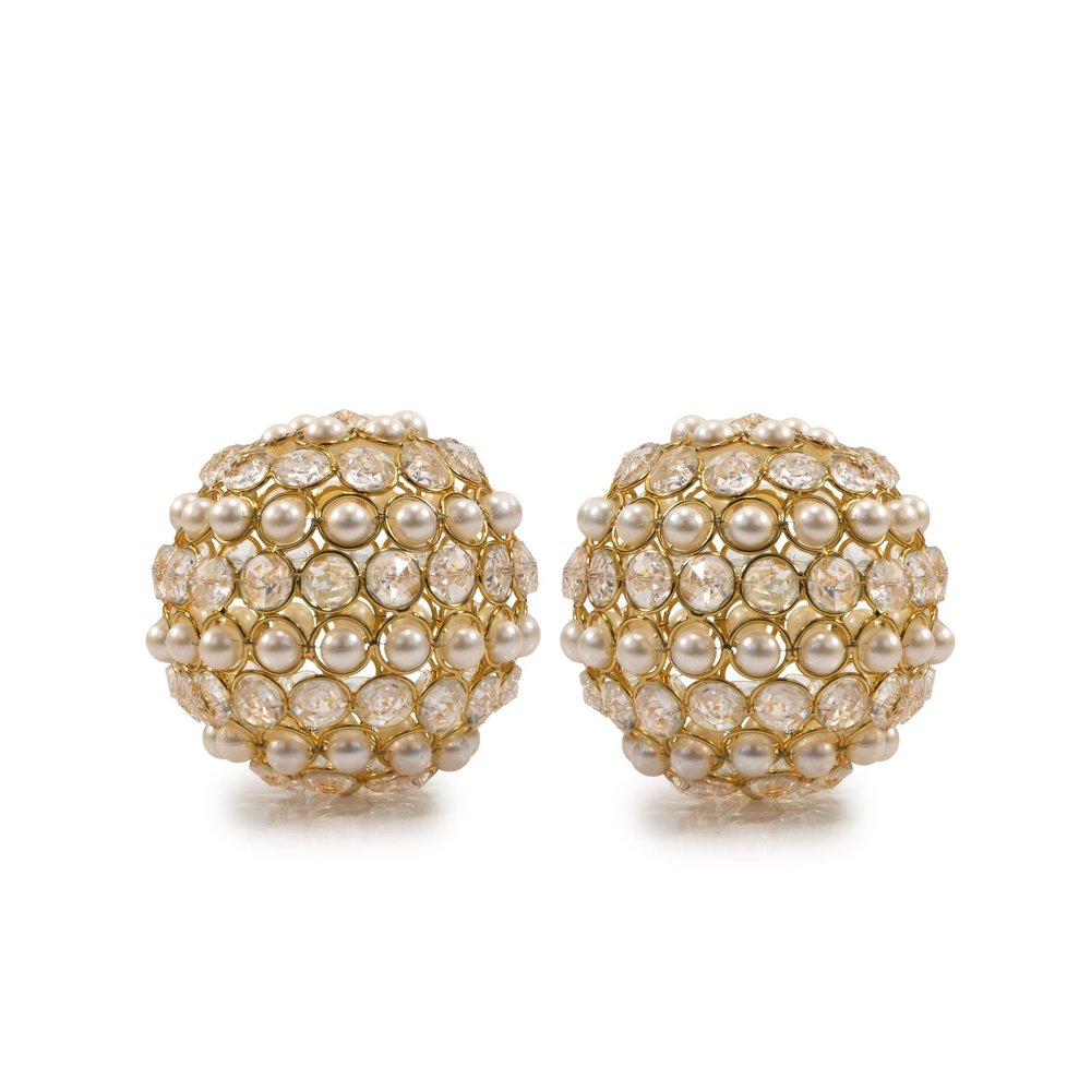 Set of Two Gold And Pearl Faux Crystal And Metal Decorative Orbs HomeRoots