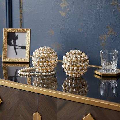 Set of Two Gold Ivory And Pearl Faux Crystal And Metal Decorative Orbs HomeRoots