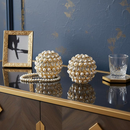 Set of Two Gold And Pearl Faux Crystal And Metal Decorative Orbs HomeRoots
