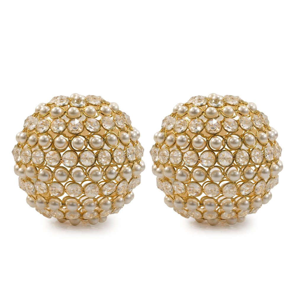 Set of Two Gold And Pearl Faux Crystal And Metal Decorative Orbs HomeRoots