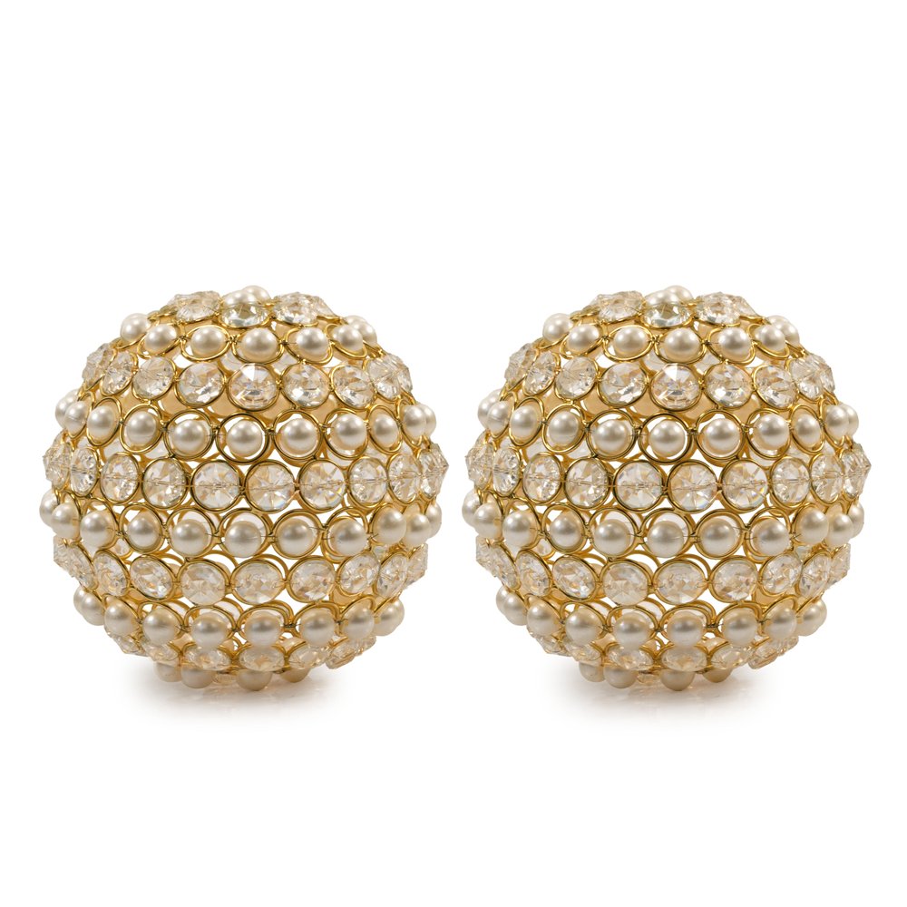 Set of Two 5" Gold Clear And Ivory Metal Faux Crystal And Pearl Decorative Orbs HomeRoots