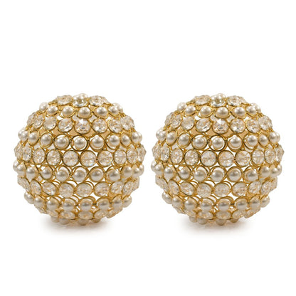 Set of Two 5" Gold Clear And Ivory Metal Faux Crystal And Pearl Decorative Orbs HomeRoots