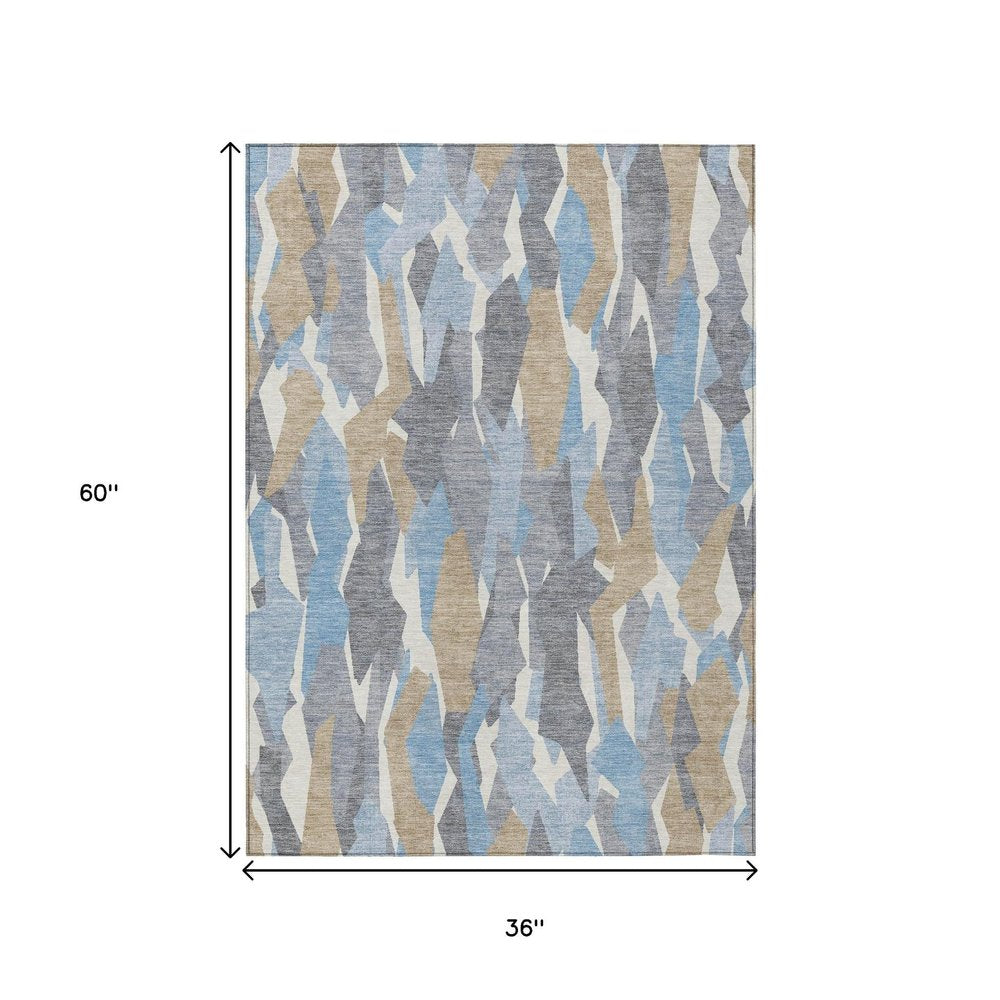 3' X 5' Denim Blue Khaki And Ivory Striped Washable Indoor Outdoor Area Rug HomeRoots